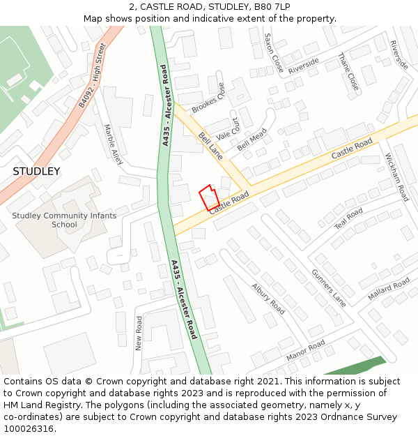 2, CASTLE ROAD, STUDLEY, B80 7LP: Location map and indicative extent of plot