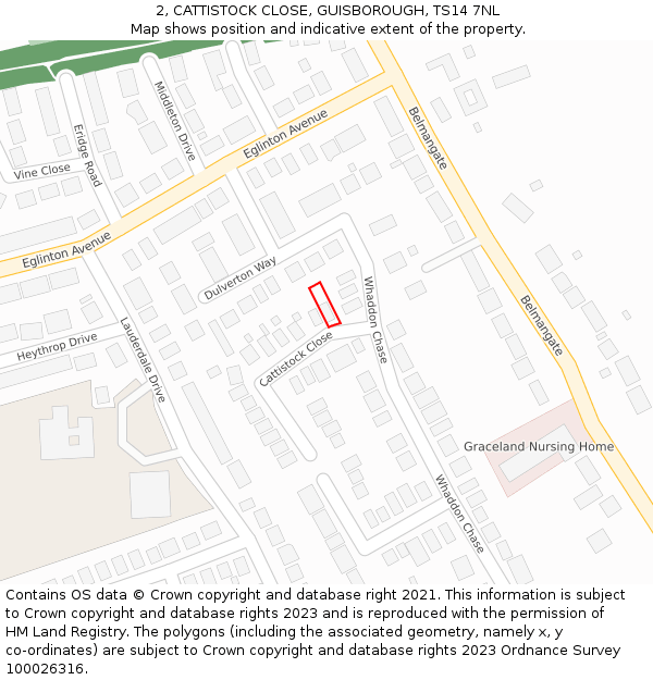 2, CATTISTOCK CLOSE, GUISBOROUGH, TS14 7NL: Location map and indicative extent of plot