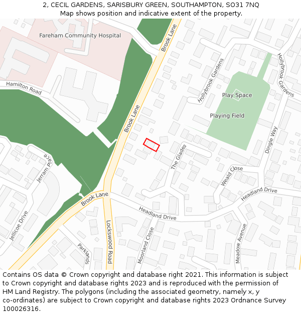 2, CECIL GARDENS, SARISBURY GREEN, SOUTHAMPTON, SO31 7NQ: Location map and indicative extent of plot