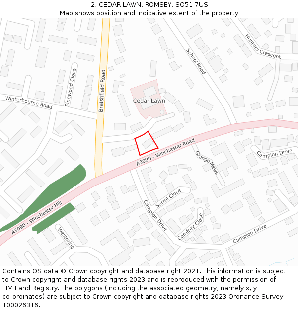 2, CEDAR LAWN, ROMSEY, SO51 7US: Location map and indicative extent of plot