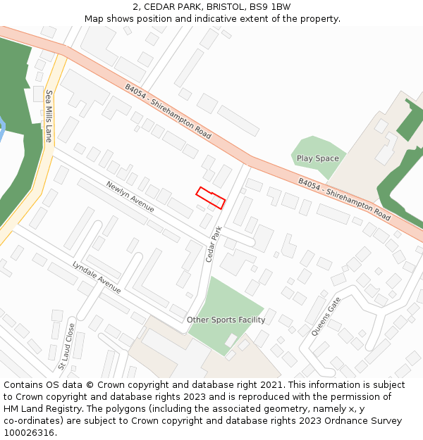 2, CEDAR PARK, BRISTOL, BS9 1BW: Location map and indicative extent of plot