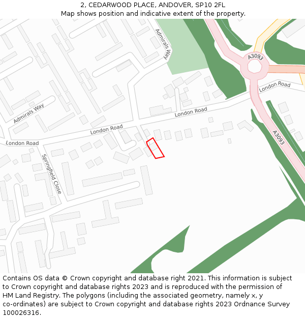 2, CEDARWOOD PLACE, ANDOVER, SP10 2FL: Location map and indicative extent of plot