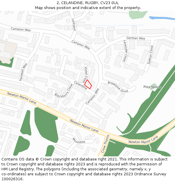 2, CELANDINE, RUGBY, CV23 0UL: Location map and indicative extent of plot