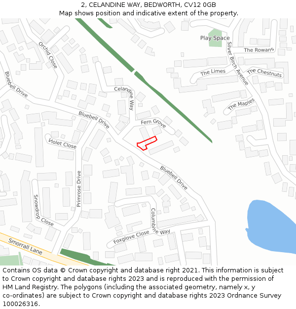 2, CELANDINE WAY, BEDWORTH, CV12 0GB: Location map and indicative extent of plot