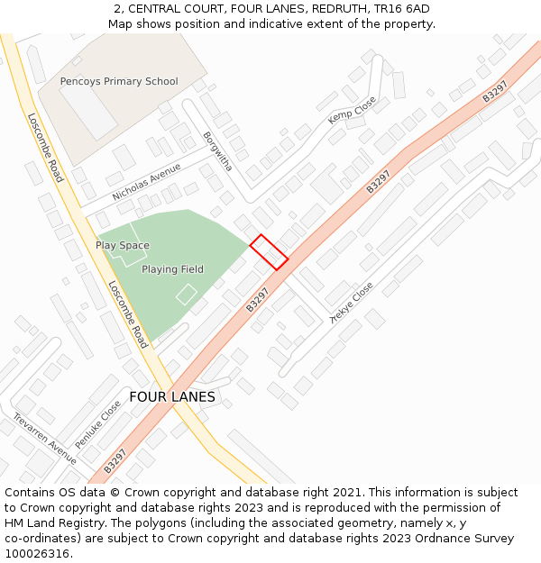 2, CENTRAL COURT, FOUR LANES, REDRUTH, TR16 6AD: Location map and indicative extent of plot