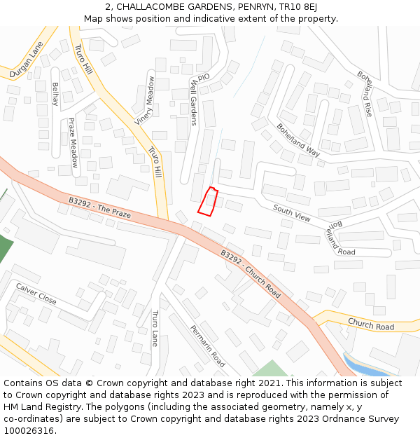 2, CHALLACOMBE GARDENS, PENRYN, TR10 8EJ: Location map and indicative extent of plot