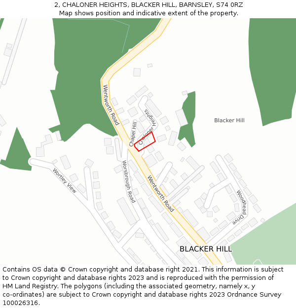 2, CHALONER HEIGHTS, BLACKER HILL, BARNSLEY, S74 0RZ: Location map and indicative extent of plot