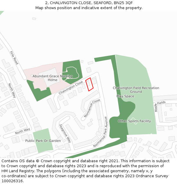 2, CHALVINGTON CLOSE, SEAFORD, BN25 3QF: Location map and indicative extent of plot