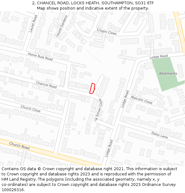 2, CHANCEL ROAD, LOCKS HEATH, SOUTHAMPTON, SO31 6TF: Location map and indicative extent of plot