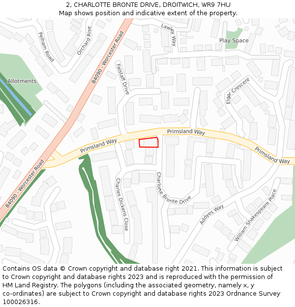 2, CHARLOTTE BRONTE DRIVE, DROITWICH, WR9 7HU: Location map and indicative extent of plot