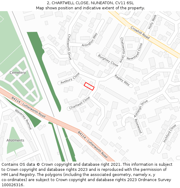 2, CHARTWELL CLOSE, NUNEATON, CV11 6SL: Location map and indicative extent of plot