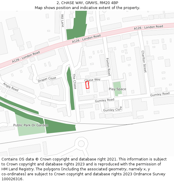 2, CHASE WAY, GRAYS, RM20 4BP: Location map and indicative extent of plot