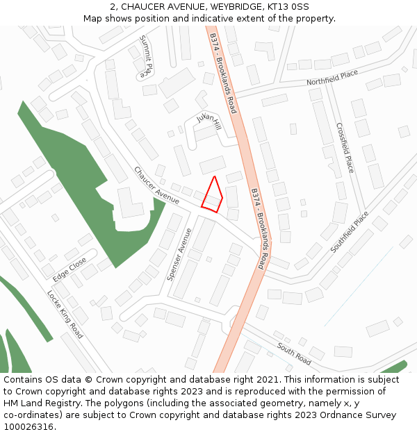 2, CHAUCER AVENUE, WEYBRIDGE, KT13 0SS: Location map and indicative extent of plot