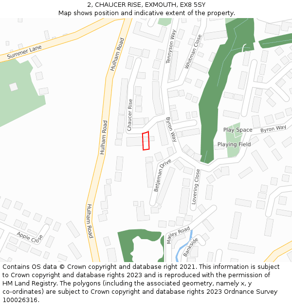 2, CHAUCER RISE, EXMOUTH, EX8 5SY: Location map and indicative extent of plot