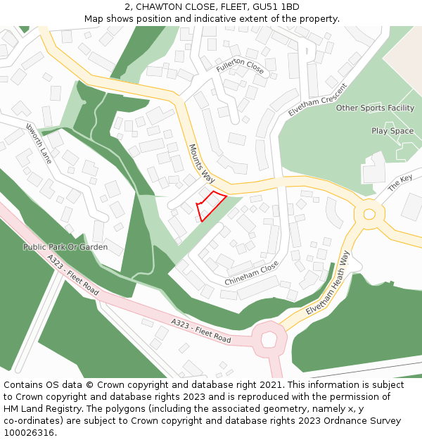 2, CHAWTON CLOSE, FLEET, GU51 1BD: Location map and indicative extent of plot