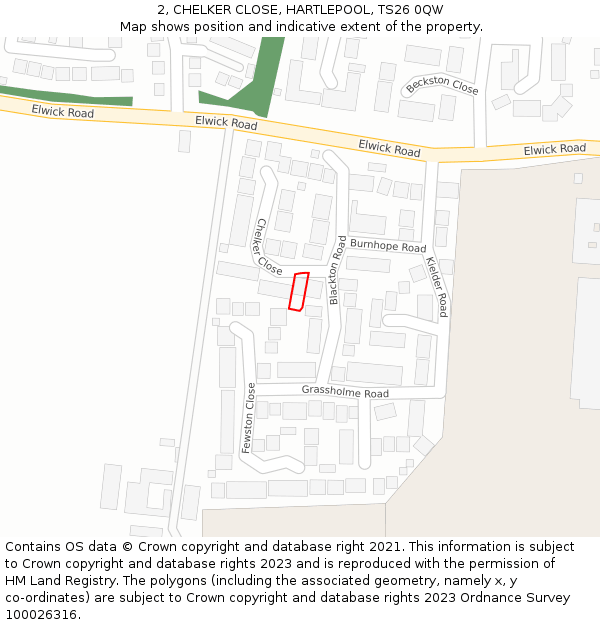 2, CHELKER CLOSE, HARTLEPOOL, TS26 0QW: Location map and indicative extent of plot