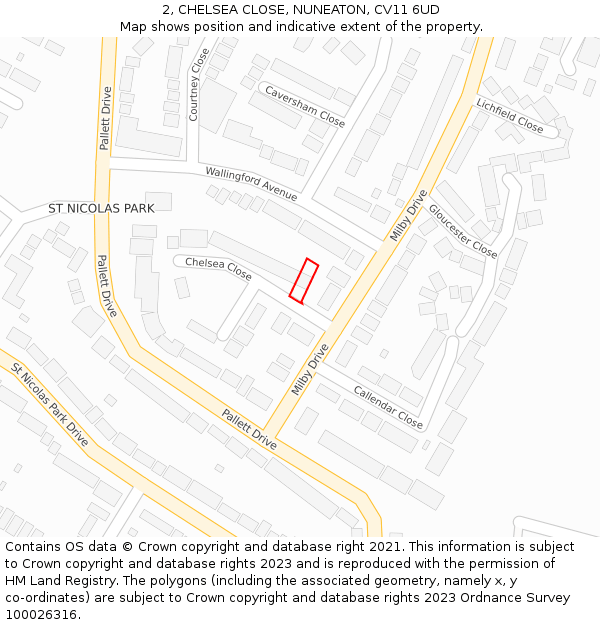 2, CHELSEA CLOSE, NUNEATON, CV11 6UD: Location map and indicative extent of plot