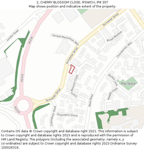 2, CHERRY BLOSSOM CLOSE, IPSWICH, IP8 3ST: Location map and indicative extent of plot