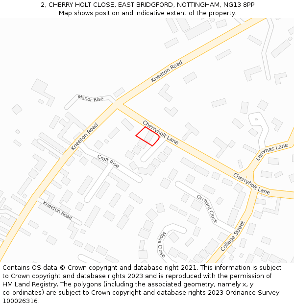 2, CHERRY HOLT CLOSE, EAST BRIDGFORD, NOTTINGHAM, NG13 8PP: Location map and indicative extent of plot