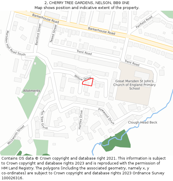 2, CHERRY TREE GARDENS, NELSON, BB9 0NE: Location map and indicative extent of plot