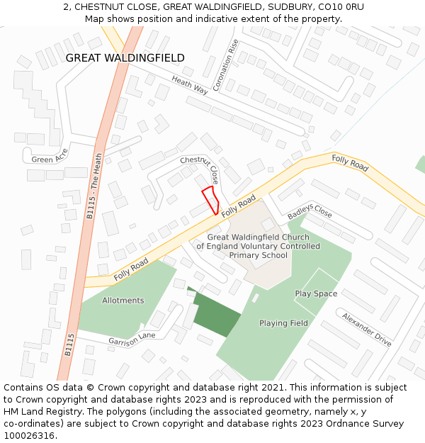 2, CHESTNUT CLOSE, GREAT WALDINGFIELD, SUDBURY, CO10 0RU: Location map and indicative extent of plot