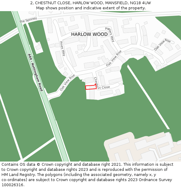 2, CHESTNUT CLOSE, HARLOW WOOD, MANSFIELD, NG18 4UW: Location map and indicative extent of plot