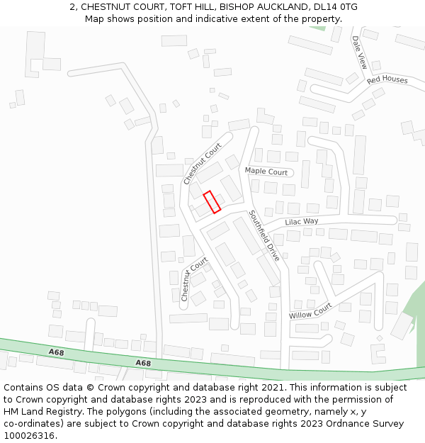 2, CHESTNUT COURT, TOFT HILL, BISHOP AUCKLAND, DL14 0TG: Location map and indicative extent of plot