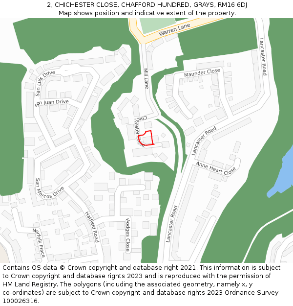 2, CHICHESTER CLOSE, CHAFFORD HUNDRED, GRAYS, RM16 6DJ: Location map and indicative extent of plot