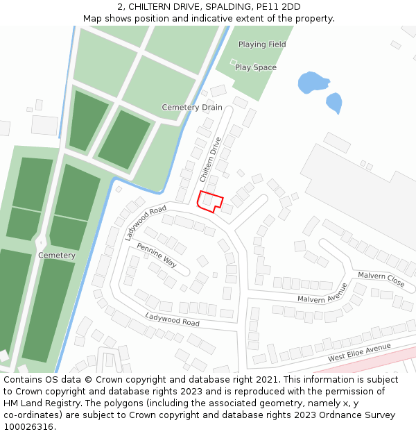 2, CHILTERN DRIVE, SPALDING, PE11 2DD: Location map and indicative extent of plot