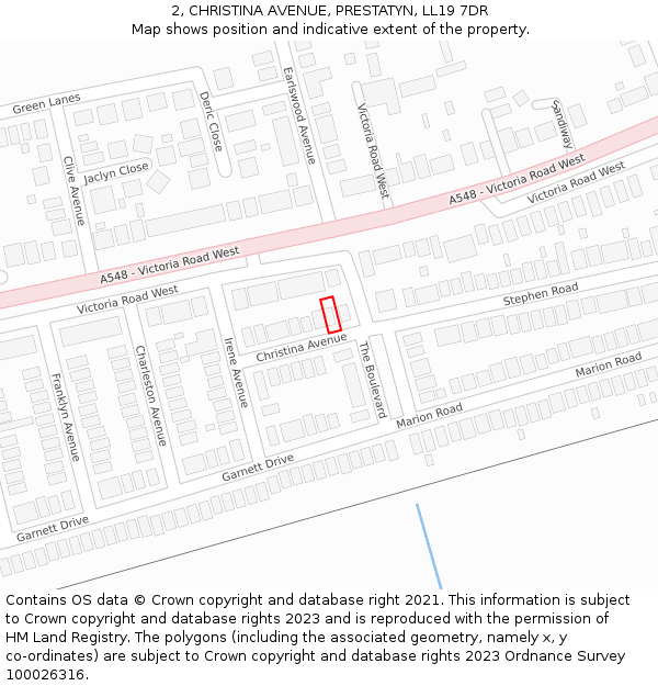 2, CHRISTINA AVENUE, PRESTATYN, LL19 7DR: Location map and indicative extent of plot