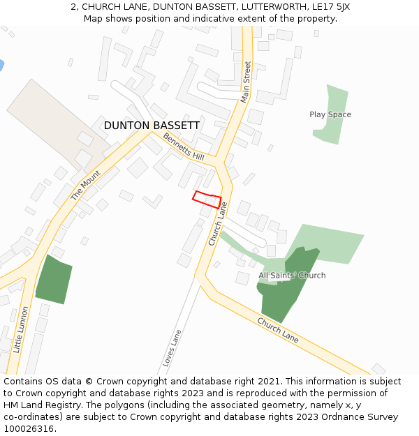 2, CHURCH LANE, DUNTON BASSETT, LUTTERWORTH, LE17 5JX: Location map and indicative extent of plot