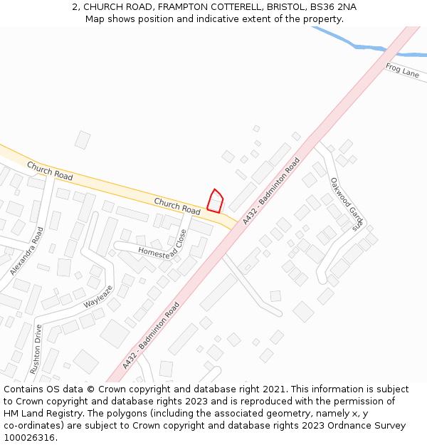 2, CHURCH ROAD, FRAMPTON COTTERELL, BRISTOL, BS36 2NA: Location map and indicative extent of plot