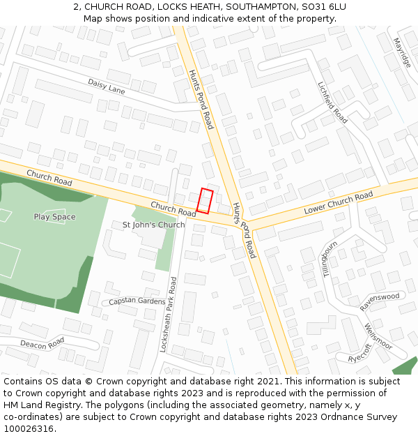 2, CHURCH ROAD, LOCKS HEATH, SOUTHAMPTON, SO31 6LU: Location map and indicative extent of plot