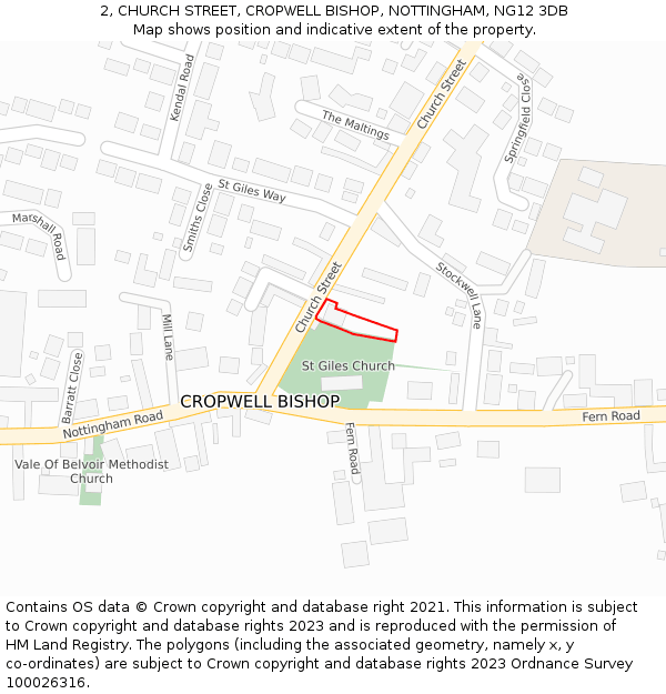 2, CHURCH STREET, CROPWELL BISHOP, NOTTINGHAM, NG12 3DB: Location map and indicative extent of plot