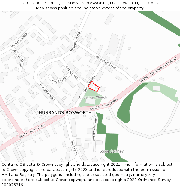 2, CHURCH STREET, HUSBANDS BOSWORTH, LUTTERWORTH, LE17 6LU: Location map and indicative extent of plot