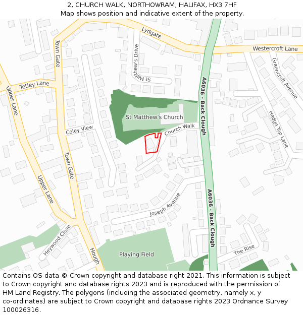 2, CHURCH WALK, NORTHOWRAM, HALIFAX, HX3 7HF: Location map and indicative extent of plot