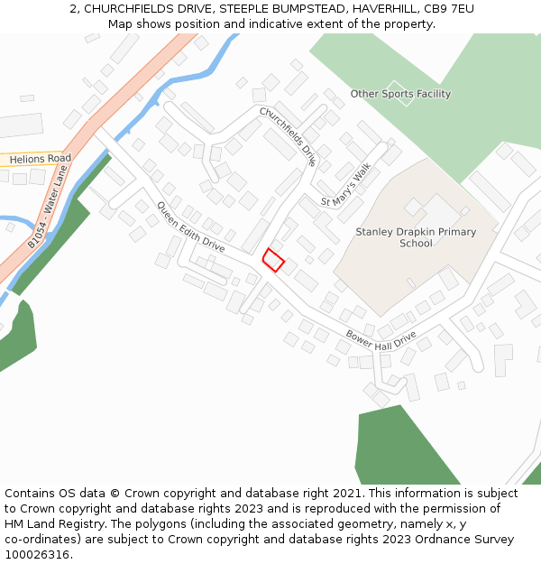2, CHURCHFIELDS DRIVE, STEEPLE BUMPSTEAD, HAVERHILL, CB9 7EU: Location map and indicative extent of plot