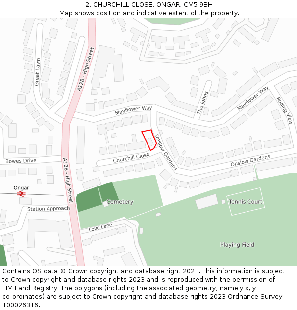 2, CHURCHILL CLOSE, ONGAR, CM5 9BH: Location map and indicative extent of plot