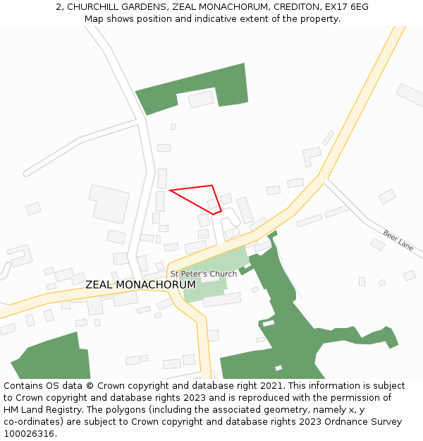 2, CHURCHILL GARDENS, ZEAL MONACHORUM, CREDITON, EX17 6EG: Location map and indicative extent of plot