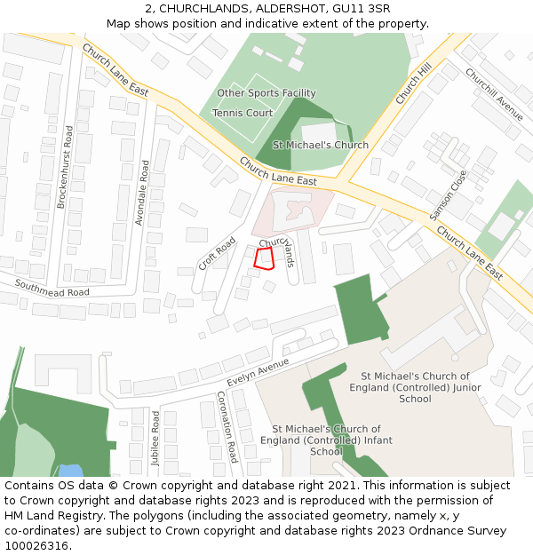 2, CHURCHLANDS, ALDERSHOT, GU11 3SR: Location map and indicative extent of plot