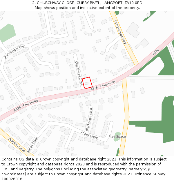 2, CHURCHWAY CLOSE, CURRY RIVEL, LANGPORT, TA10 0ED: Location map and indicative extent of plot