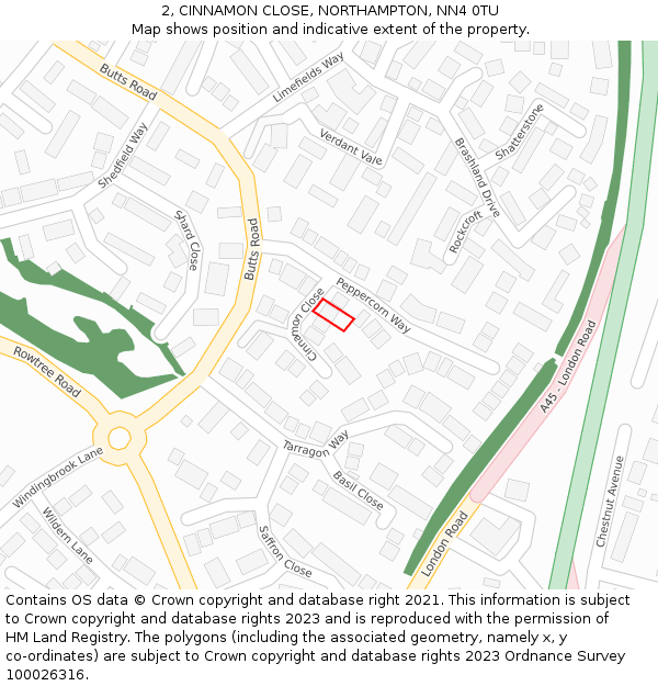 2, CINNAMON CLOSE, NORTHAMPTON, NN4 0TU: Location map and indicative extent of plot