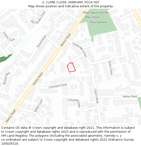 2, CLARE CLOSE, FAREHAM, PO14 4QT: Location map and indicative extent of plot