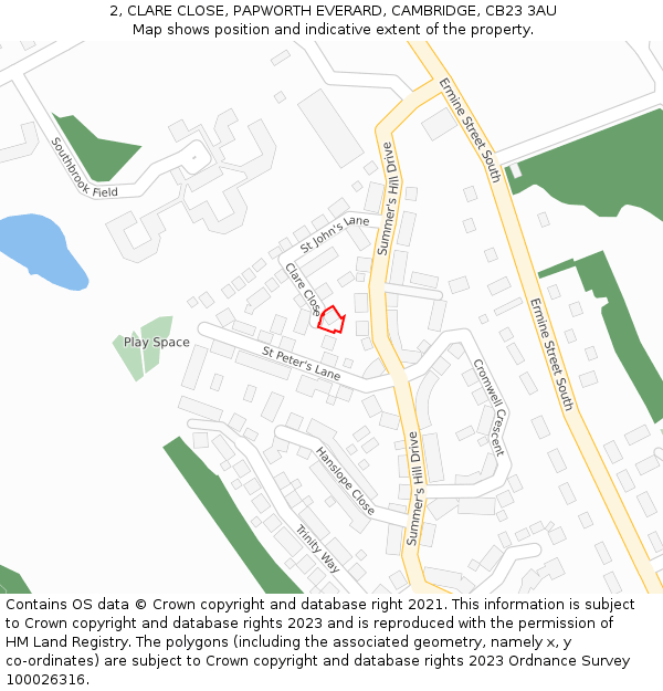 2, CLARE CLOSE, PAPWORTH EVERARD, CAMBRIDGE, CB23 3AU: Location map and indicative extent of plot