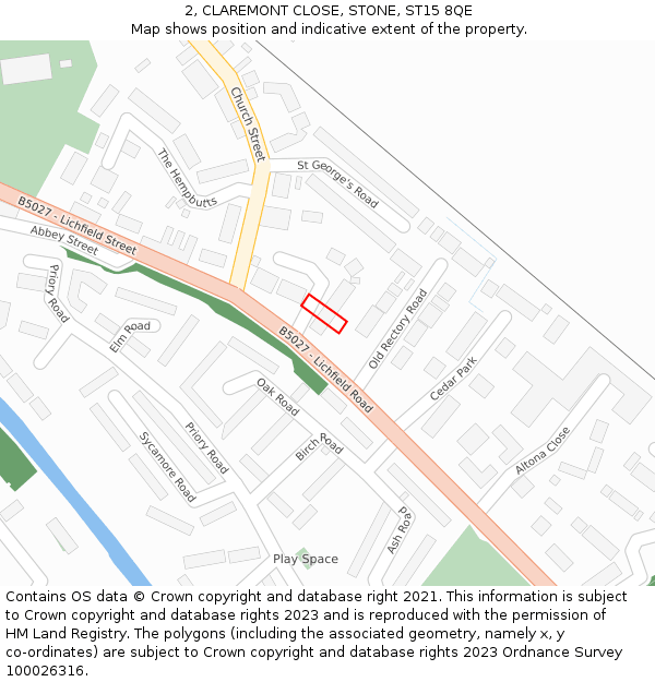 2, CLAREMONT CLOSE, STONE, ST15 8QE: Location map and indicative extent of plot