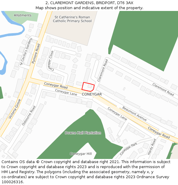 2, CLAREMONT GARDENS, BRIDPORT, DT6 3AX: Location map and indicative extent of plot