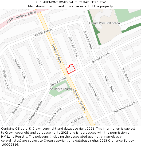 2, CLAREMONT ROAD, WHITLEY BAY, NE26 3TW: Location map and indicative extent of plot