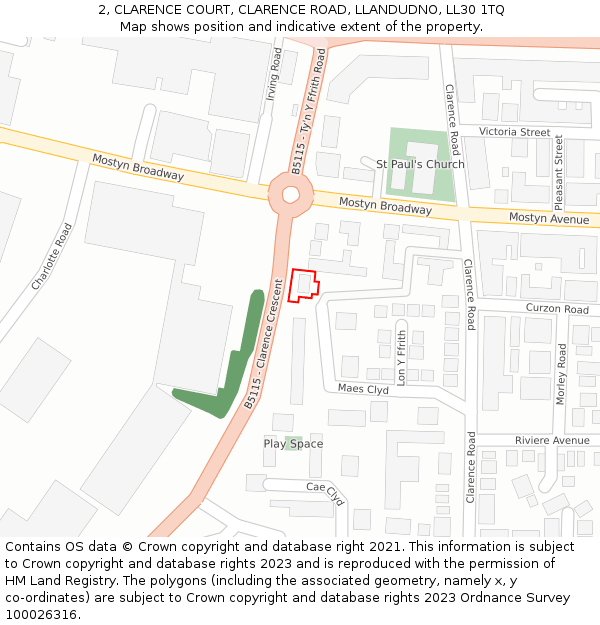 2, CLARENCE COURT, CLARENCE ROAD, LLANDUDNO, LL30 1TQ: Location map and indicative extent of plot