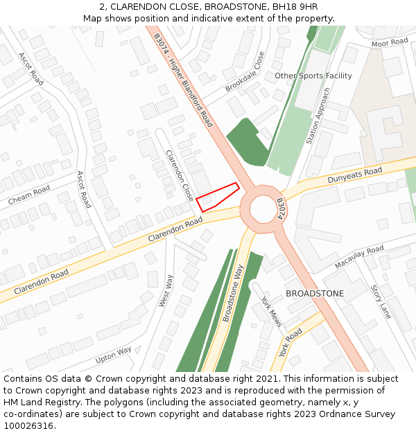 2, CLARENDON CLOSE, BROADSTONE, BH18 9HR: Location map and indicative extent of plot