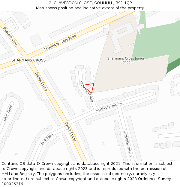 2, CLAVERDON CLOSE, SOLIHULL, B91 1QP: Location map and indicative extent of plot